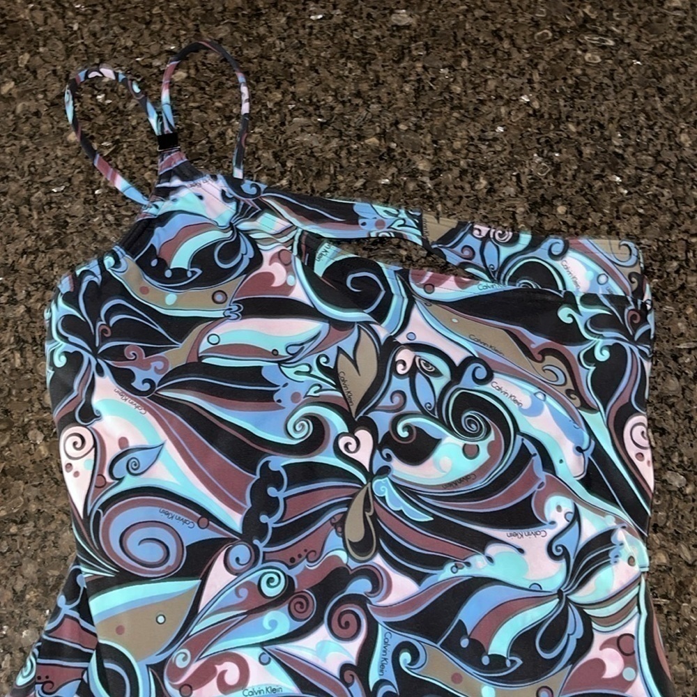 Calvin Klein Blue And Purple Print One Shoulder One Piece Swimsuit - Picture 3 of 7